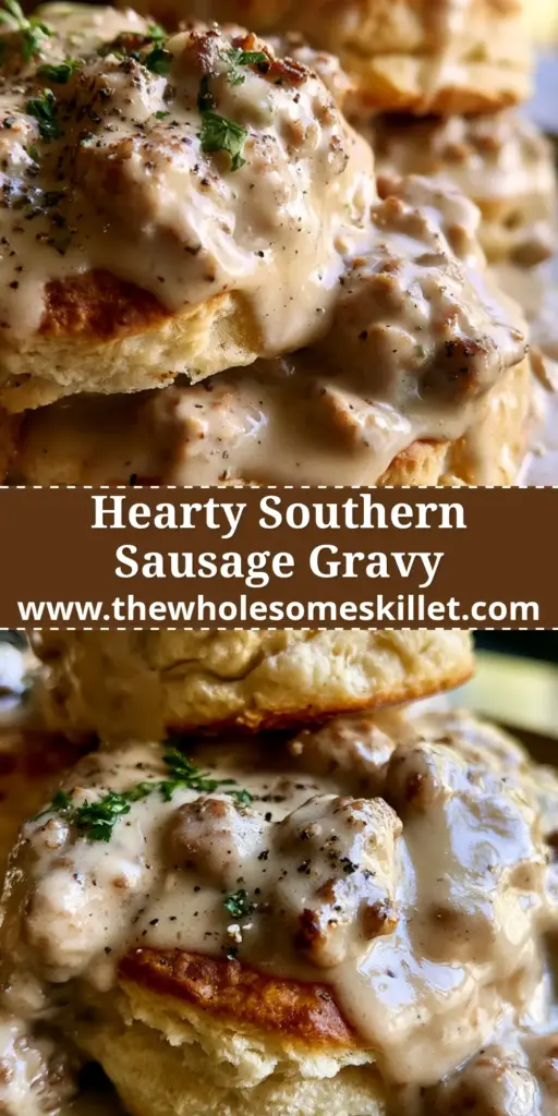 A close-up of golden-brown biscuits covered in thick, creamy sausage gravy with black pepper and parsley. (sausage gravy)