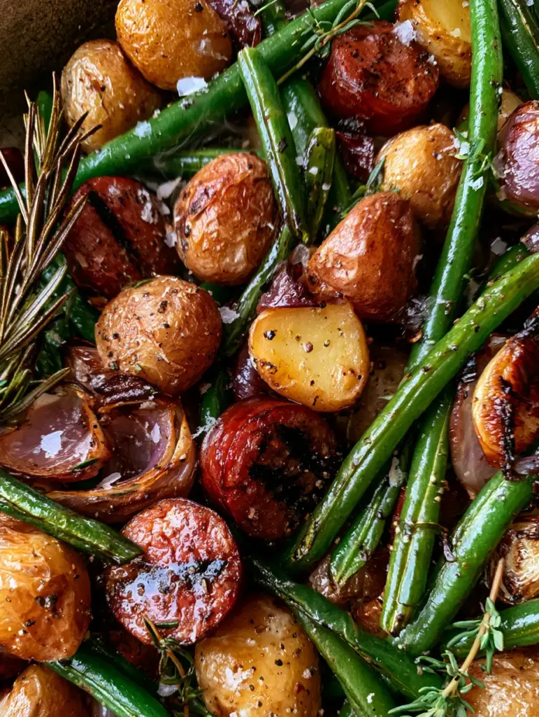 Sausage Potatoes Green Beans: The Ultimate Sheet Pan Skillet Roast 2 Close-up of charred smoked sausage slices and crinkled baby potatoes in a cast iron skillet. (sausage potatoes green beans)