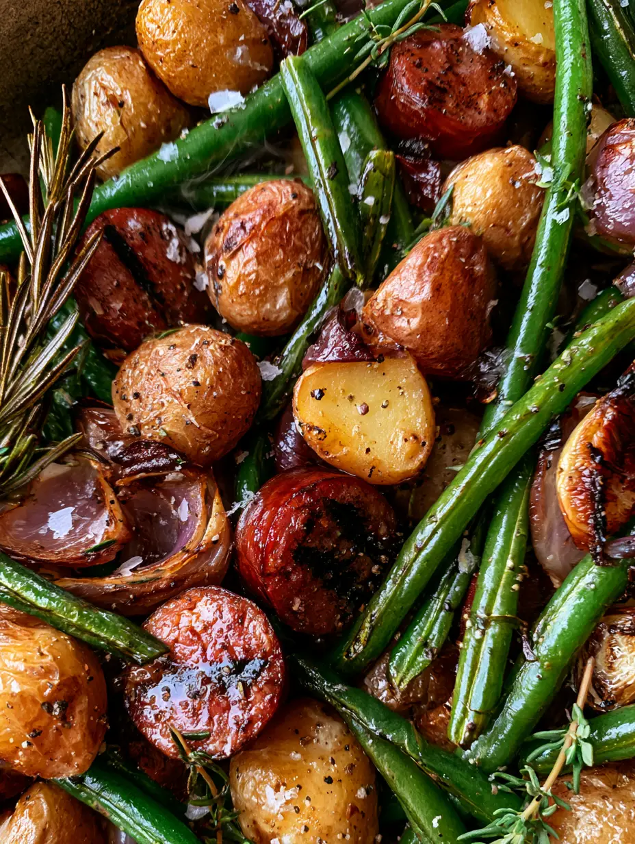 Sausage Potatoes Green Beans: The Ultimate Sheet Pan Skillet Roast 4 Close-up of charred smoked sausage slices and crinkled baby potatoes in a cast iron skillet. (sausage potatoes green beans)