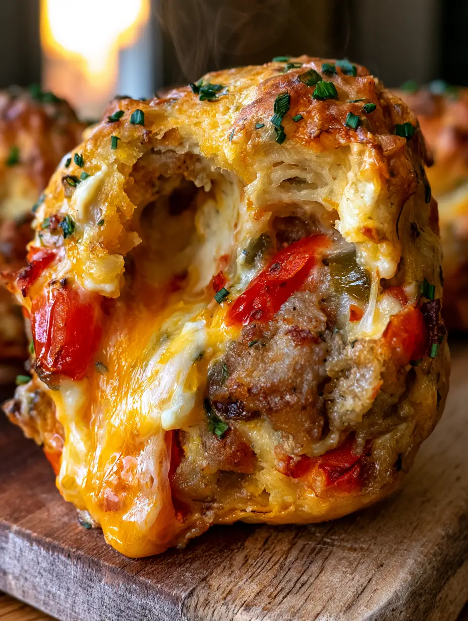 Rotel Cream Cheese Sausage Bites: The Ultimate Gooey Party Appetizer 3 Extreme close-up of a rotel cream cheese sausage bite broken open to reveal gooey melted cheese and red tomatoes.