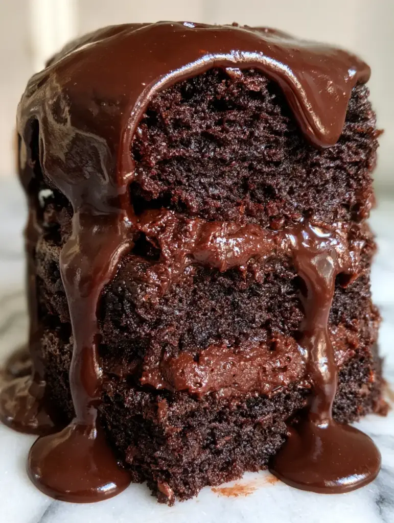 Dark Chocolate Layer Cake with Velvet Buttercream and Glossy Ganache 2 A handheld smartphone photo of a dark chocolate layer cake showing a moist aerated crumb and velvety frosting.