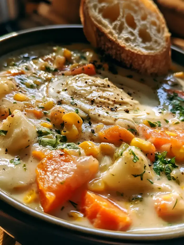 Creamy Veggie Soup: The Ultimate Velvety Vegetable Comfort Bowl 2 Close-up of velvety creamy veggie soup featuring vibrant carrots and potatoes in a savory broth.