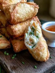 Close up of a bitten crab cream cheese egg roll showcasing the creamy white filling and green onions.