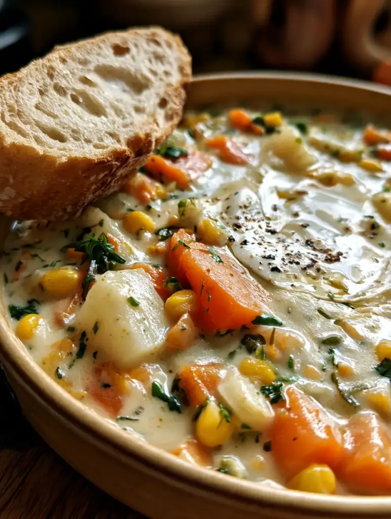 Creamy Veggie Soup: The Ultimate Velvety Vegetable Comfort Bowl 1 Creamy veggie soup served in a rustic kitchen setting with a side of golden-crusted artisan bread.