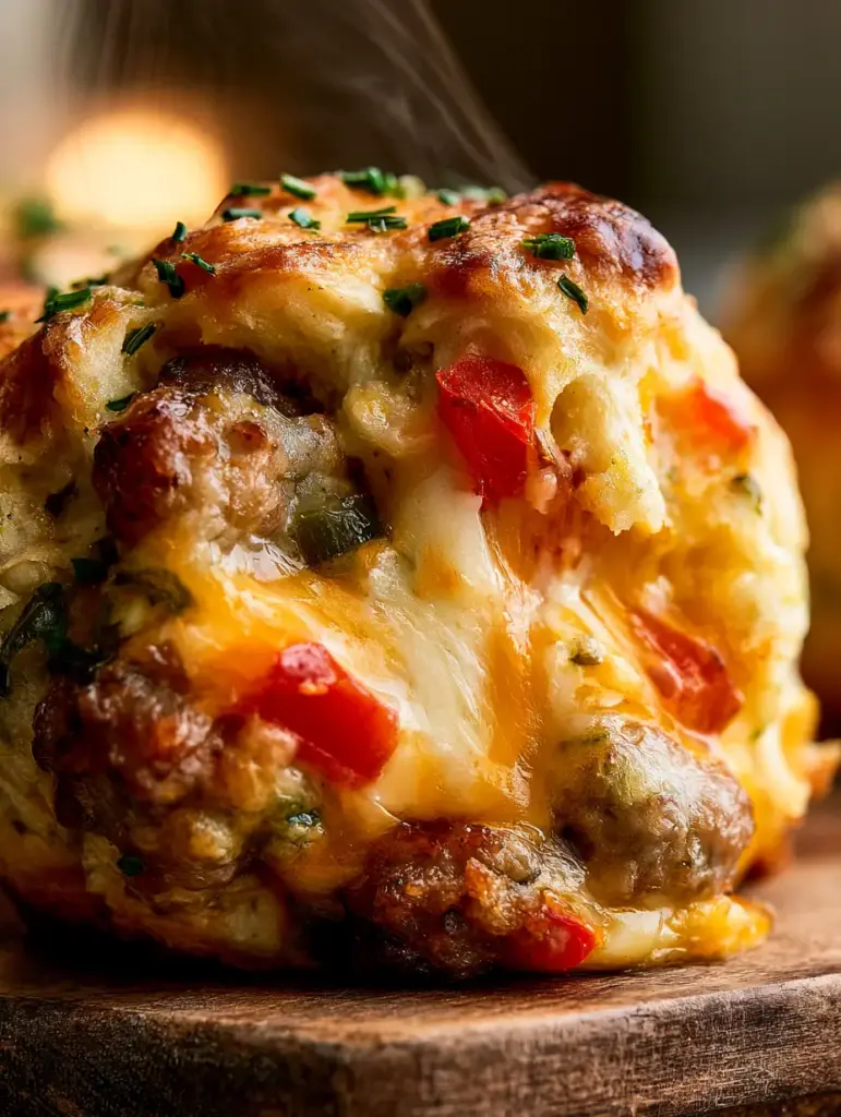 Rotel Cream Cheese Sausage Bites: The Ultimate Gooey Party Appetizer 1 Freshly baked rotel cream cheese sausage bites speckled with green chives on a rustic wooden background.