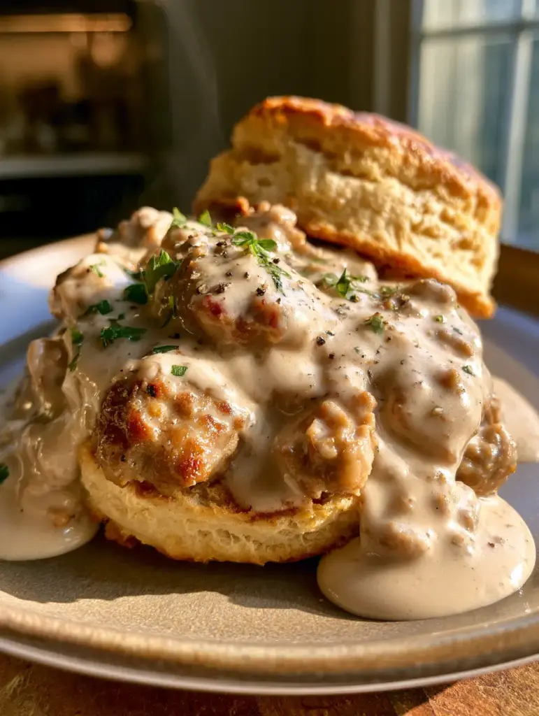 A rustic plate of biscuits and sausage gravy with steam rising in a cozy kitchen setting. (sausage gravy)