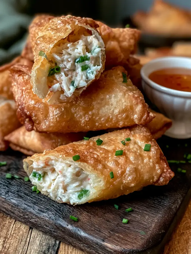 Crab Cream Cheese Egg Rolls: The Ultimate Crispy Restaurant-Style Appetizer 1 A stack of crispy crab cream cheese egg rolls artfully piled on a dark rustic wooden board.