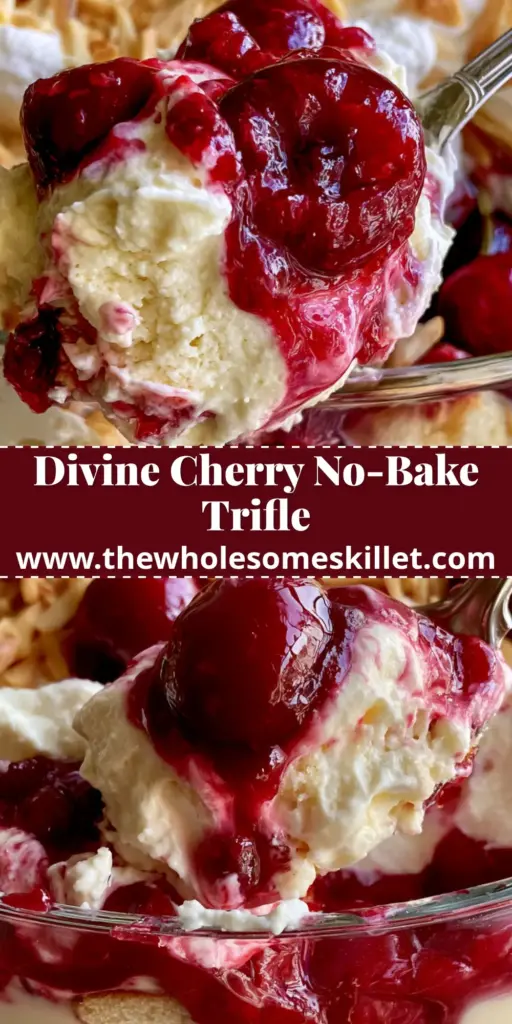 A clear glass trifle dish showing distinct layers of golden cake, ivory vanilla pudding, and glossy red cherry filling for a cherry dream dessert.