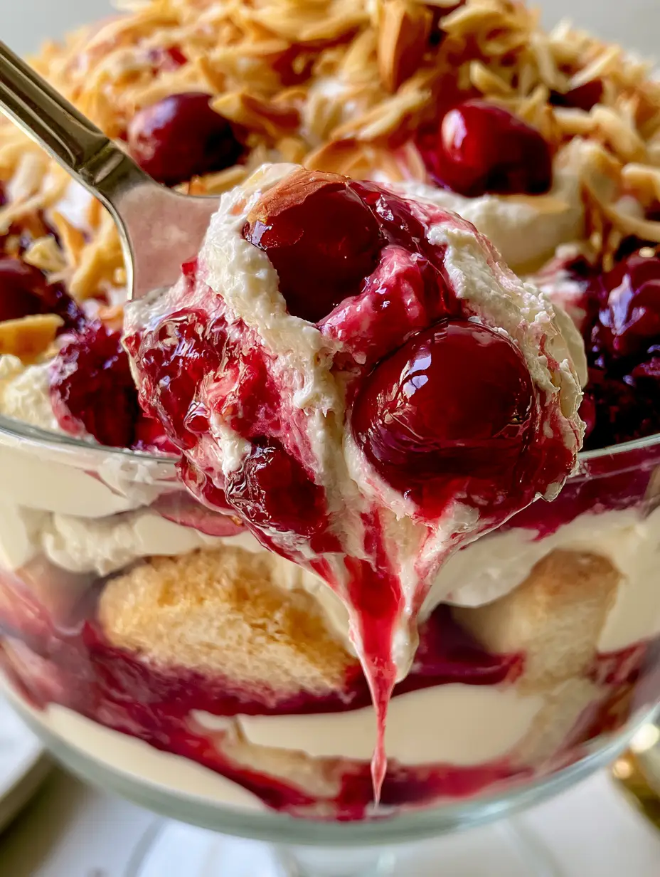 Close-up of a silver spoon scooping a portion of cherry dream dessert with a luscious cherry sauce drip.