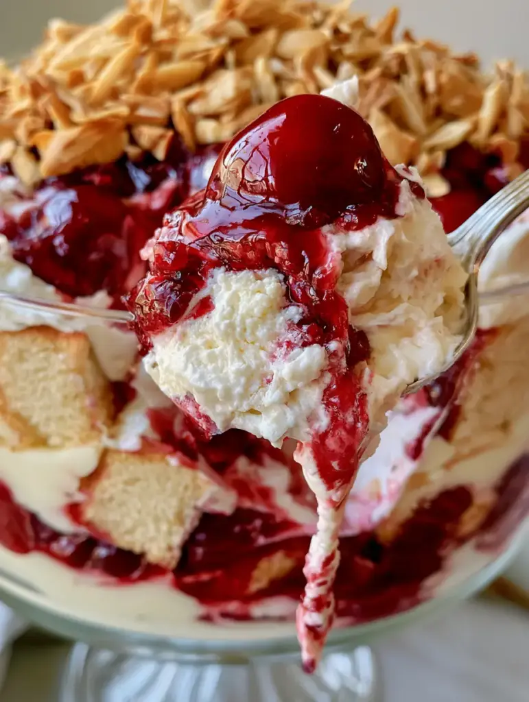 Top view of cherry dream dessert garnished with golden toasted slivered almonds and airy whipped cream.