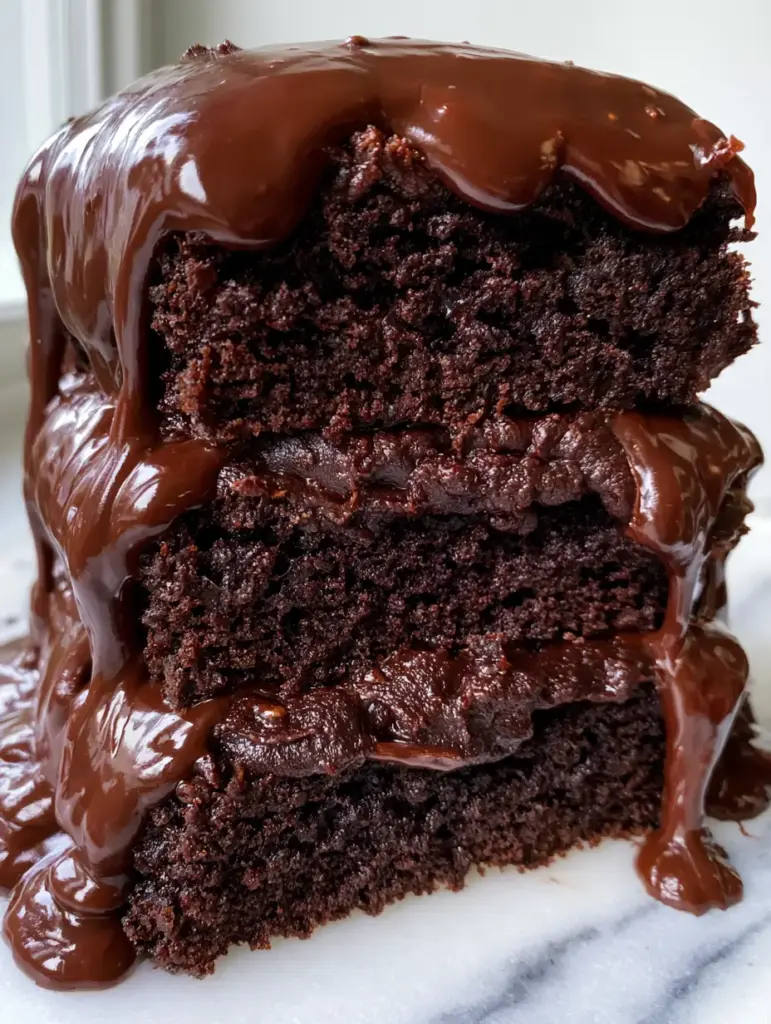 Dark Chocolate Layer Cake with Velvet Buttercream and Glossy Ganache 1 Three layers of dark chocolate cake stacked with dense buttercream and heavy ganache ribbons.