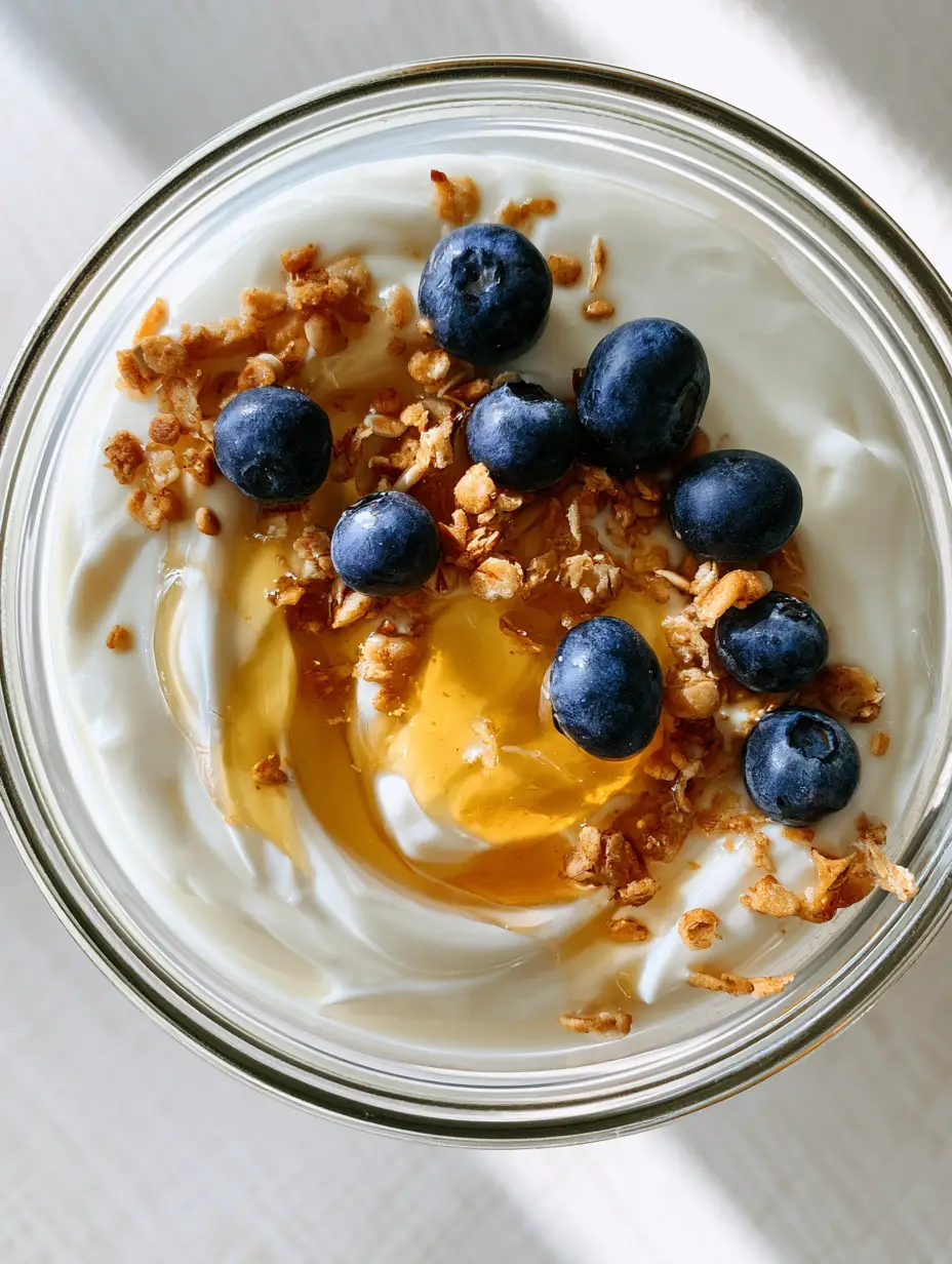 Pressure Cooker Yogurt: The Ultimate Guide to Creamy Homemade Perfection 3 Overhead shot of thick creamy pressure cooker yogurt in a glass bowl with a honey swirl and blueberries.