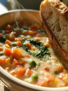 Close-up of creamy vegetable soup in a white bowl with steam rising and vibrant carrots and peas. (creamy vegetable soup)