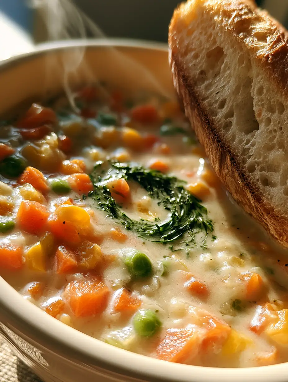 Creamy Vegetable Soup with Silky Broth and Golden Artisan Bread 3 Close-up of creamy vegetable soup in a white bowl with steam rising and vibrant carrots and peas. (creamy vegetable soup)