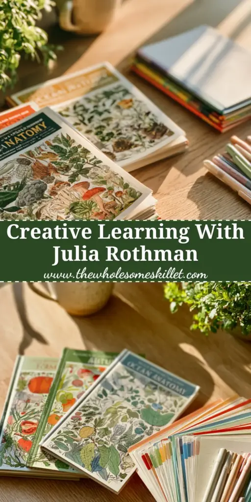 A beautiful flat lay of Julia Rothman homeschool books on an oak desk with steaming tea and pastel pens.