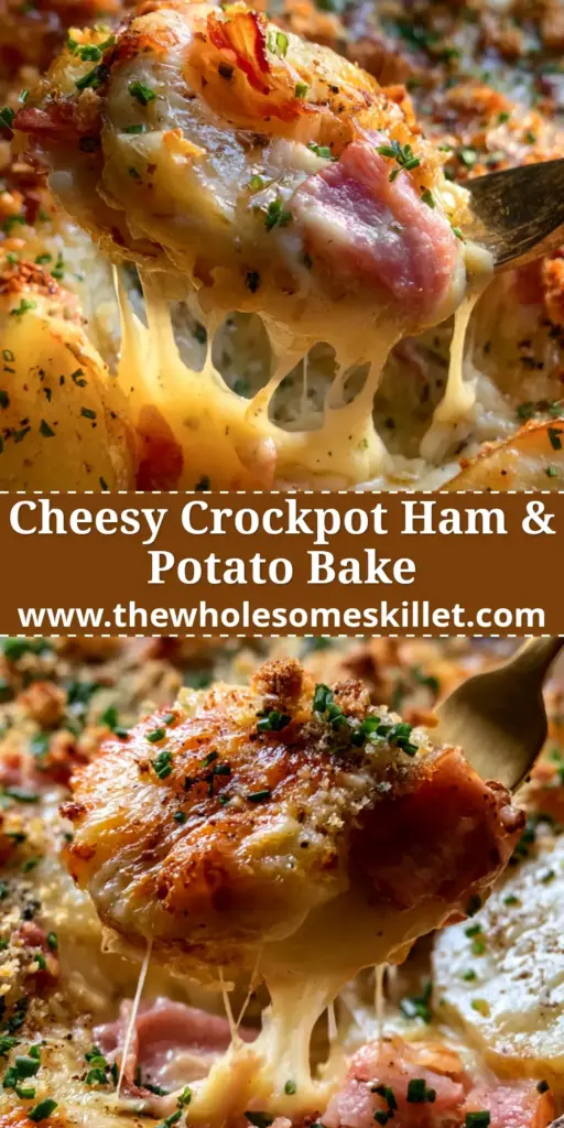 A bubbling ham potato casserole in a rustic dish with a crispy breadcrumb topping and melted cheese. (ham potato casserole)