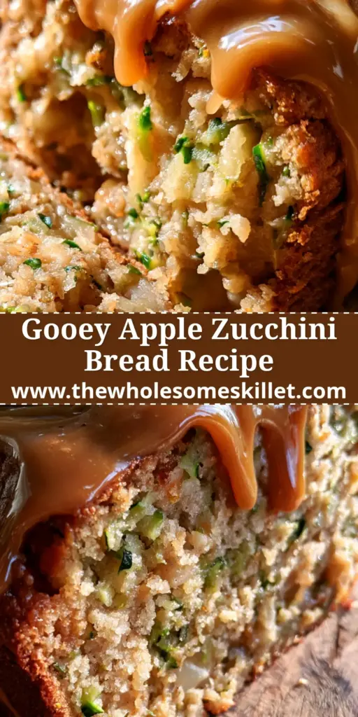 Apple Zucchini Bread with Gooey Amber Brown Sugar Frosting 4 A thick diagonal slice of apple zucchini bread with visible green flecks and apple chunks, topped with dripping amber brown sugar frosting.