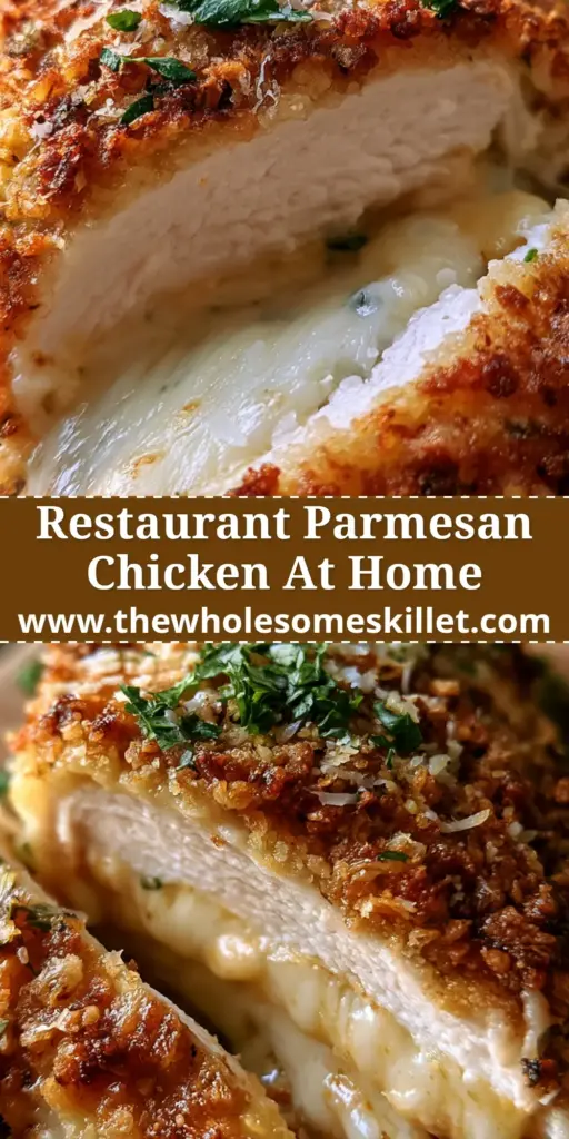 A close-up shot of crispy parmesan crusted chicken served with lemon wedges and fresh parsley on a rustic wooden board.