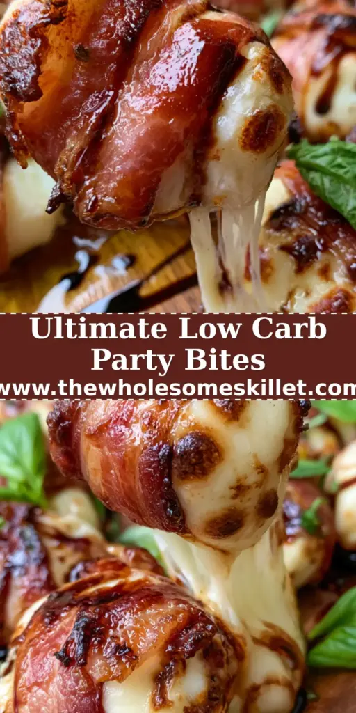 A close-up shot of baked prosciutto wrapped mozzarella bites on a rustic platter with balsamic drizzle and fresh basil.