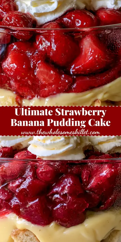 Strawberry Banana Pudding Cake: The Ultimate Layered Trifle Dessert 4 A towering glass trifle dish filled with layers of sponge cake, banana custard, and glazed strawberries, topped with whipped cream and vanilla wafers. (strawberry banana pudding cake)