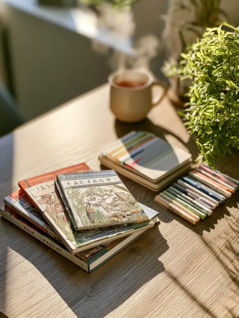 Top-down view of Nature Anatomy and Ocean Anatomy homeschool books with companion notebooks and pens.