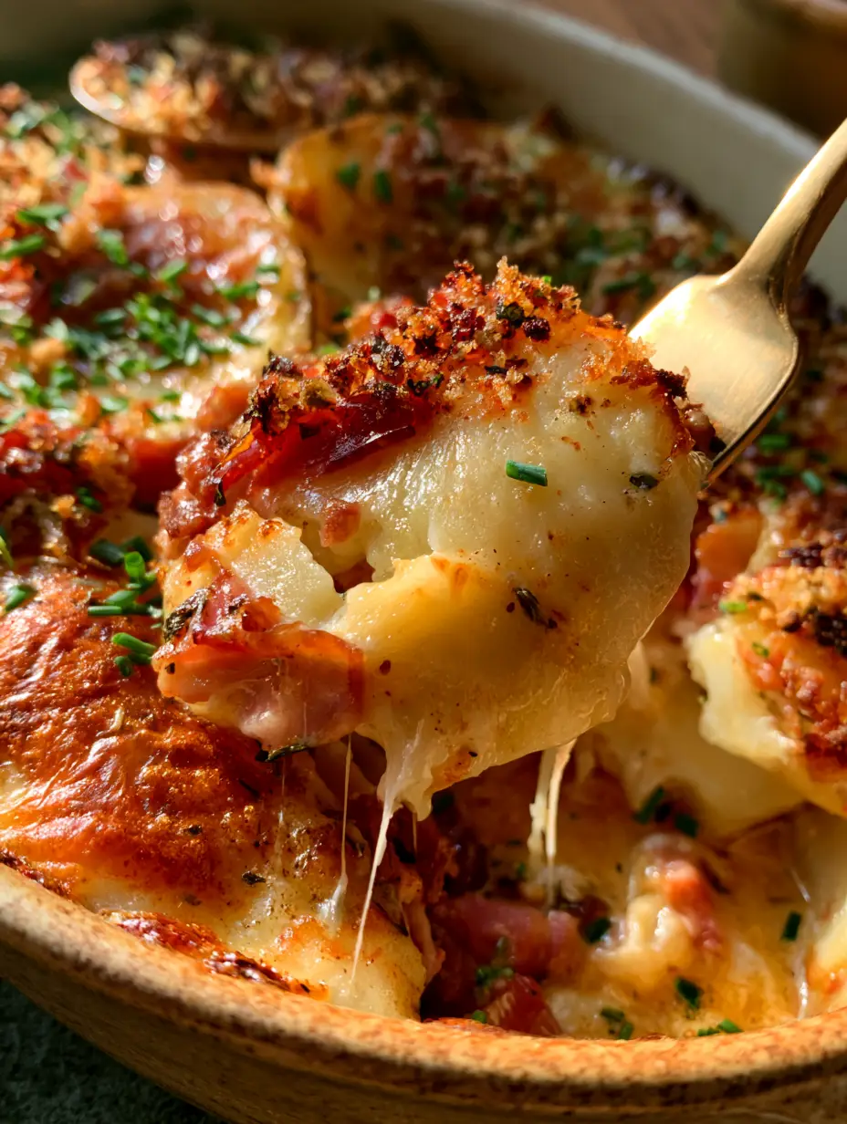 Close-up of a fork pulling a cheesy scoop of ham potato casserole with visible steam and chives. (ham potato casserole)