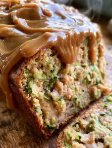 Close-up of a moist slice of apple zucchini bread showing textures of zucchini flecks and apple chunks.