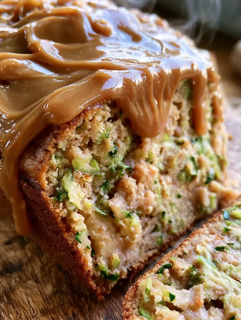 Apple Zucchini Bread with Gooey Amber Brown Sugar Frosting 2 Close-up of a moist slice of apple zucchini bread showing textures of zucchini flecks and apple chunks.