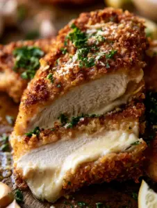 Overhead shot of sliced parmesan crusted chicken revealing a juicy white meat interior and creamy cheese layer.