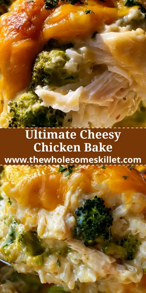 A serving spoon lifting a portion of chicken broccoli rice bake showing layers of fluffy rice, shredded chicken, and melted cheddar.