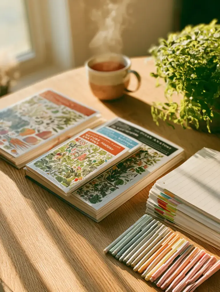 Close up of a ceramic mug and a small green plant next to open homeschool books on a wooden desk.
