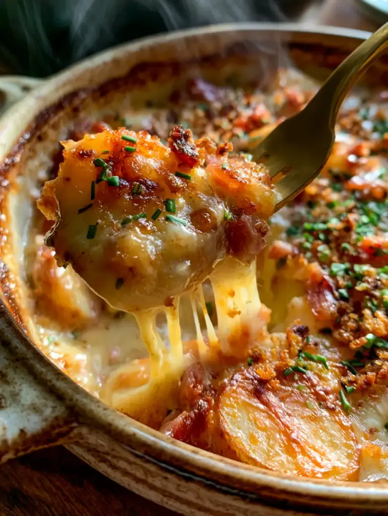 Top-down view of a golden-brown ham potato casserole garnished with fresh chives and thyme. (ham potato casserole)