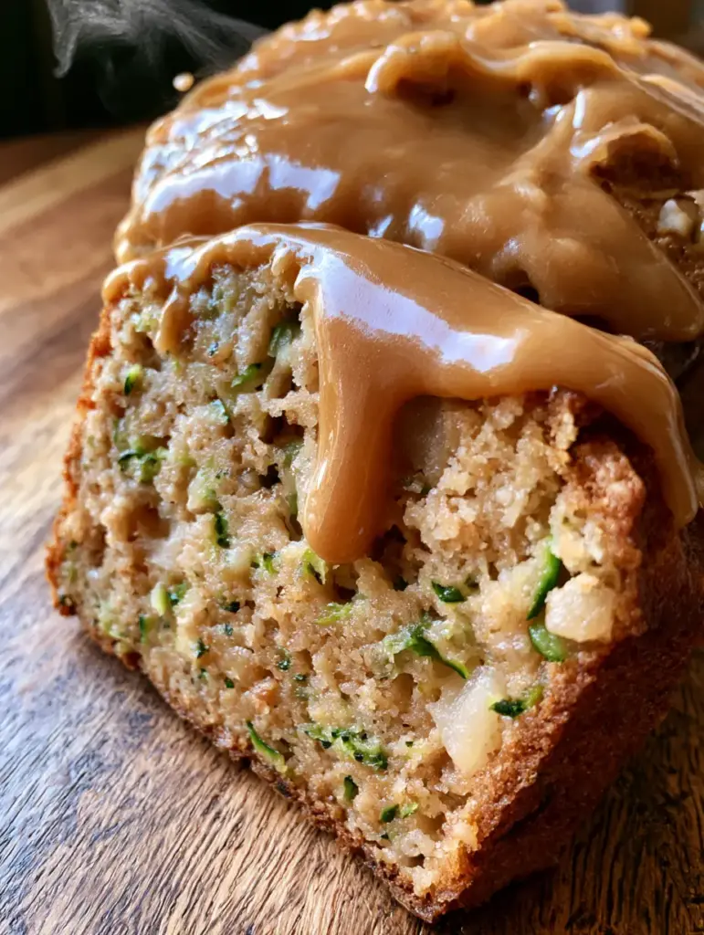 Apple Zucchini Bread with Gooey Amber Brown Sugar Frosting 1 Low-angle shot of apple zucchini bread featuring the thick amber frosting dripping down the side.