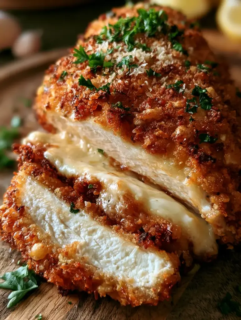 Textural close-up of golden-brown crispy parmesan breadcrumbs on chicken breast with parsley garnish.