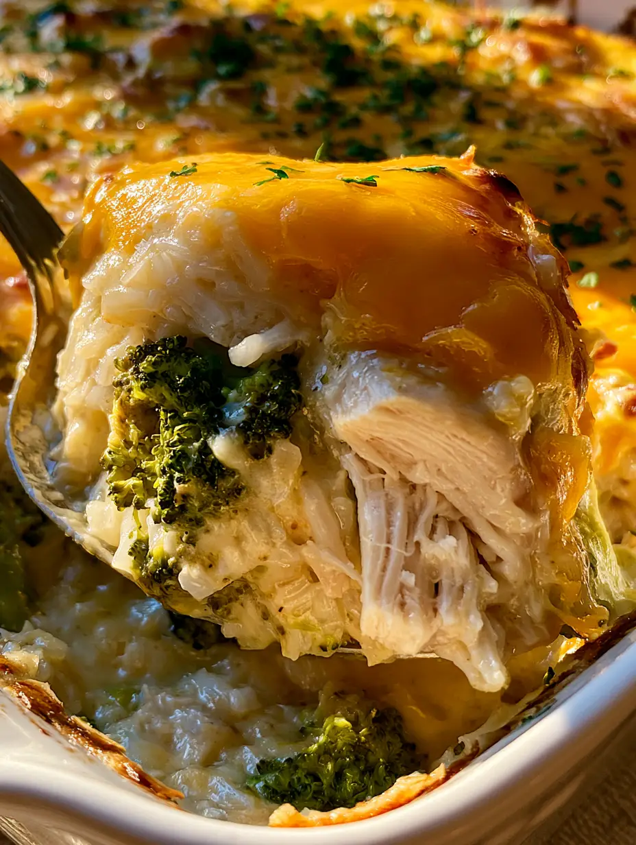 Extreme close-up of a chicken broccoli rice bake with bubbling golden cheese and fresh parsley garnish.