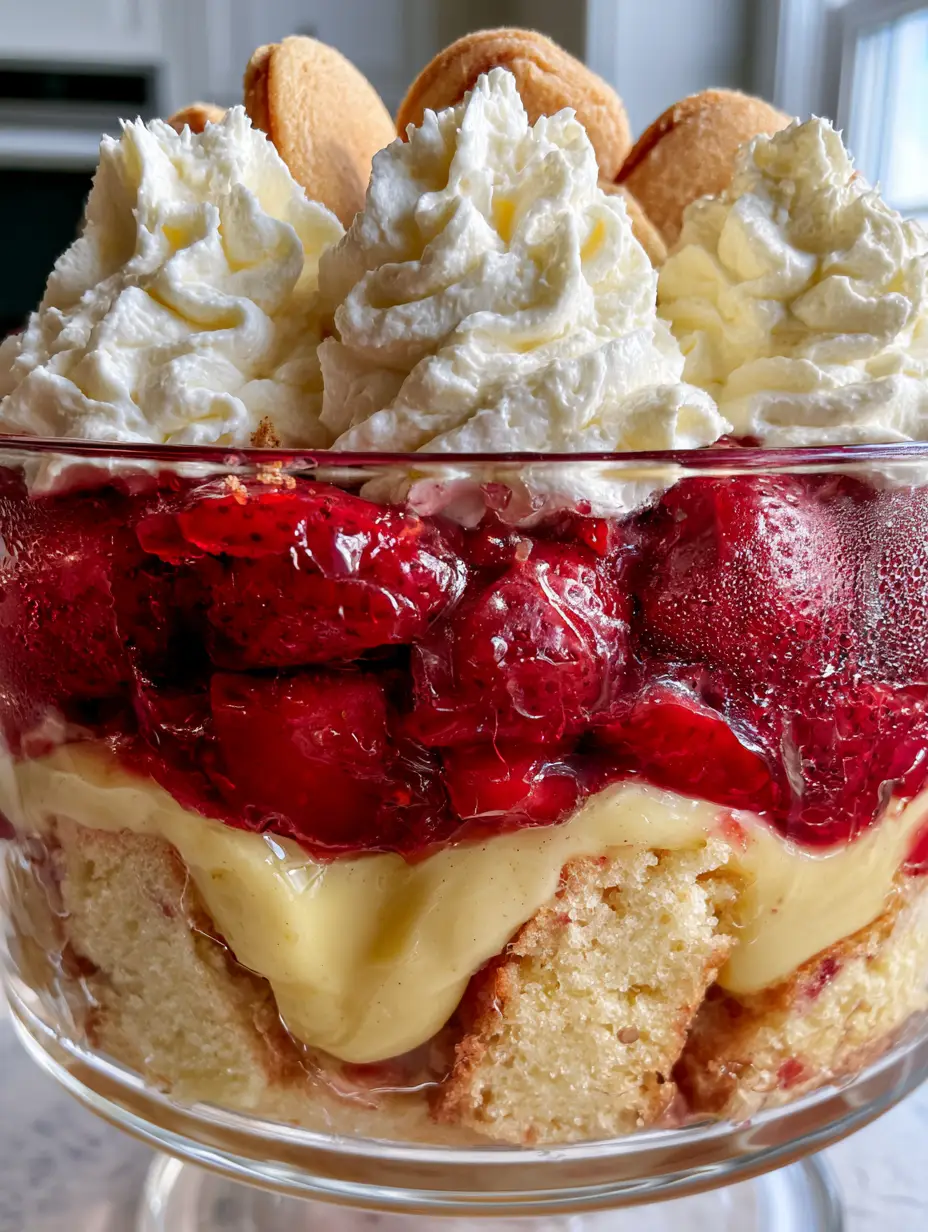Strawberry Banana Pudding Cake: The Ultimate Layered Trifle Dessert 3 Close up smartphone photo of a luscious strawberry banana pudding cake with visible layers and condensation on the glass. (strawberry banana pudding cake)