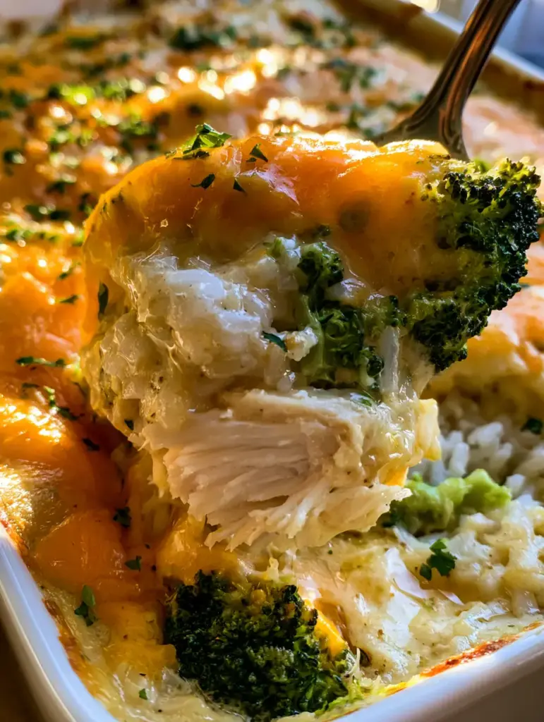 A close-up view of the interior texture of chicken broccoli rice bake highlighting the succulent chicken and bright green broccoli.