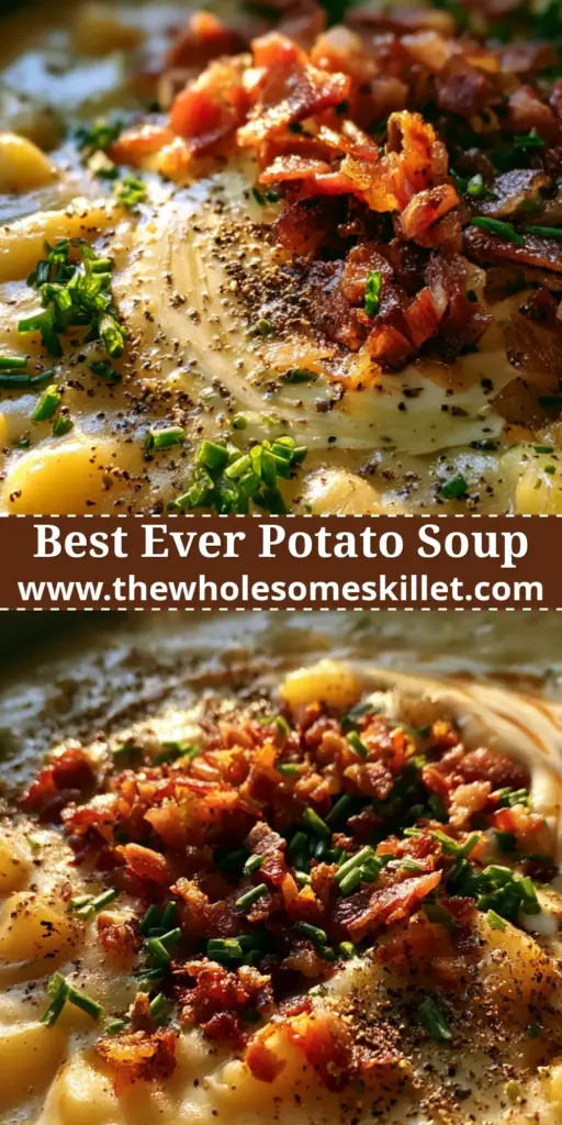 A top-down smartphone photo of a rustic bowl of creamy potato soup topped with golden bacon bits, fresh chives, and a swirl of heavy cream.