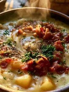 A close-up shot showing the thick, velvety pale yellow broth of the creamy potato soup with visible diced potatoes and black pepper.