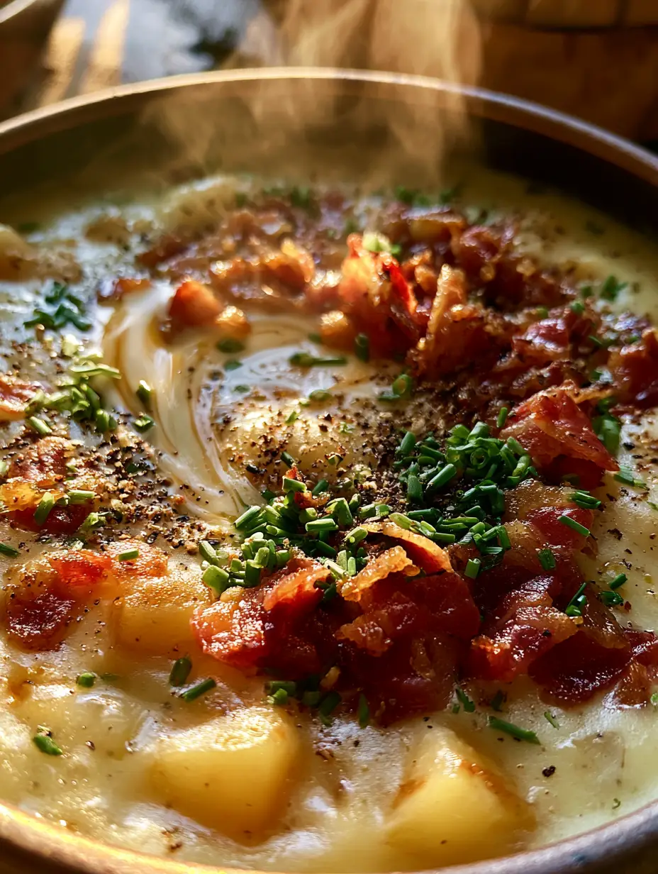A close-up shot showing the thick, velvety pale yellow broth of the creamy potato soup with visible diced potatoes and black pepper.