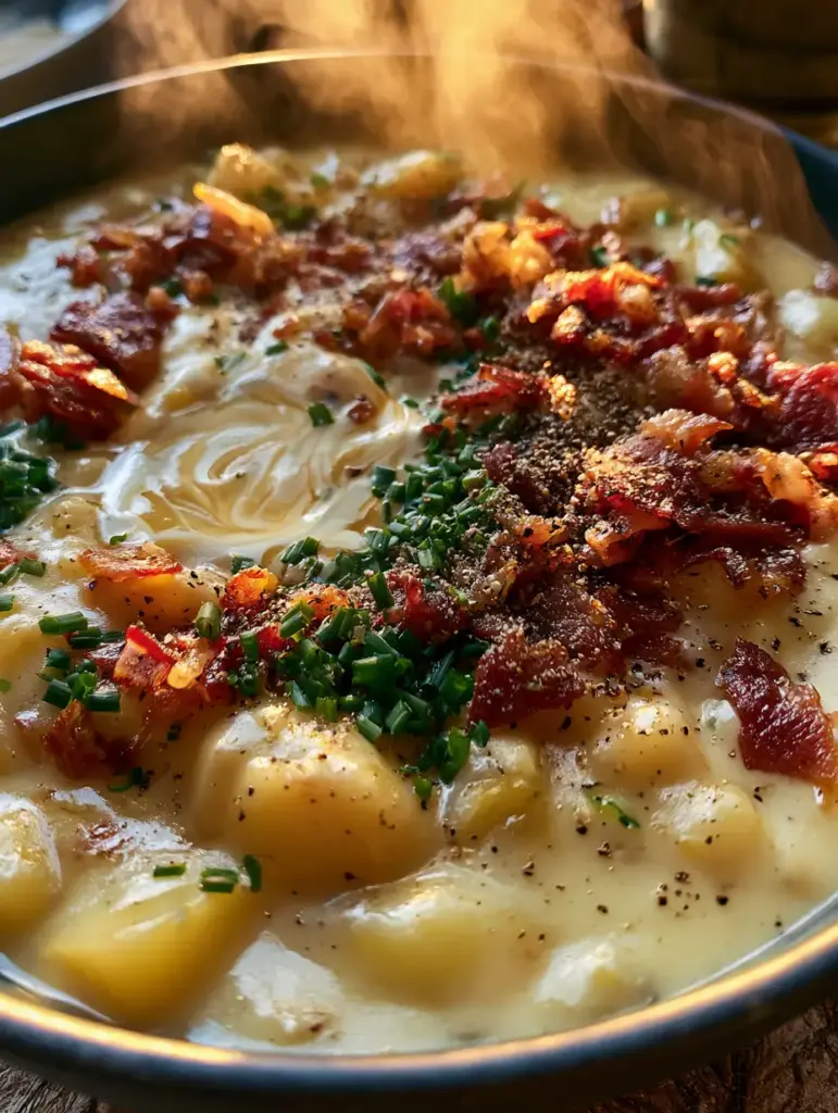 A handheld smartphone photo of creamy potato soup garnished with crispy golden-brown bacon and vibrantly green chives.