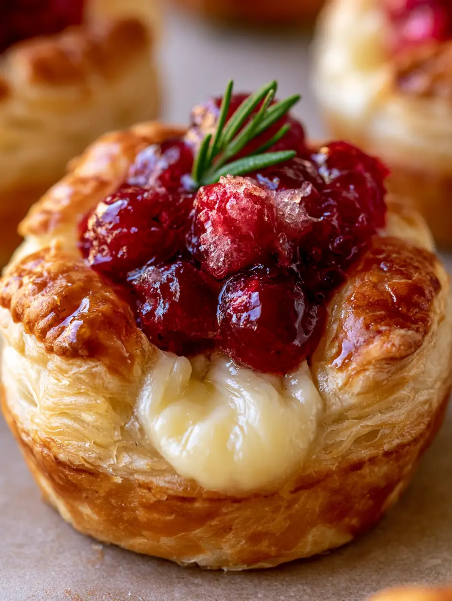 Brie Cranberry Pastry Bites: The Ultimate Elegant Holiday Appetizer 3 Extreme close-up of a single golden-brown puff pastry cup with melted brie and glistening cranberry compote. (brie cranberry pastry bites)