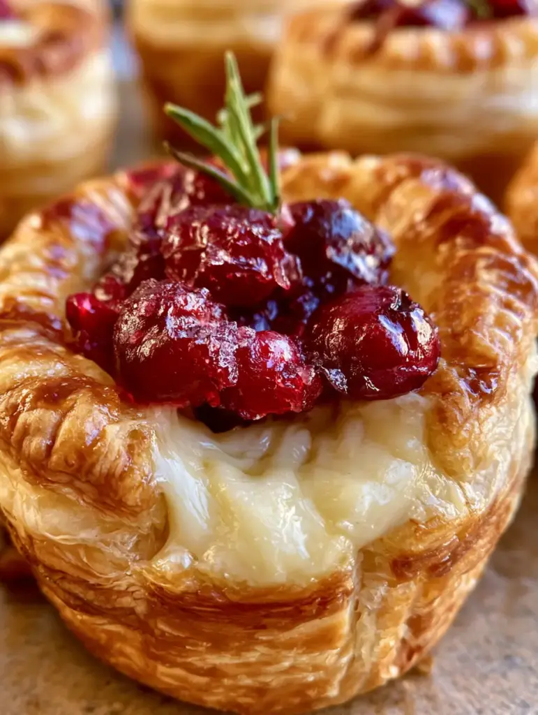 Brie Cranberry Pastry Bites: The Ultimate Elegant Holiday Appetizer 1 Close-up shot showing the sugary glaze and fresh rosemary sprig on a brie cranberry pastry bite.