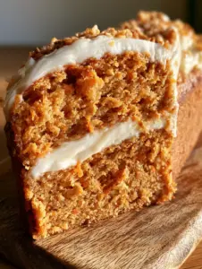 Slices of golden-orange carrot cake loaf with visible carrot specks and a white swirl on a wooden board.