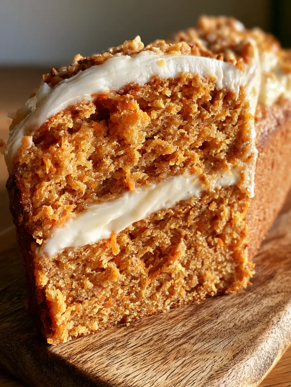 Carrot Cake Loaf with a Decadent Cream Cheese Swirl 4 Slices of golden-orange carrot cake loaf with visible carrot specks and a white swirl on a wooden board.