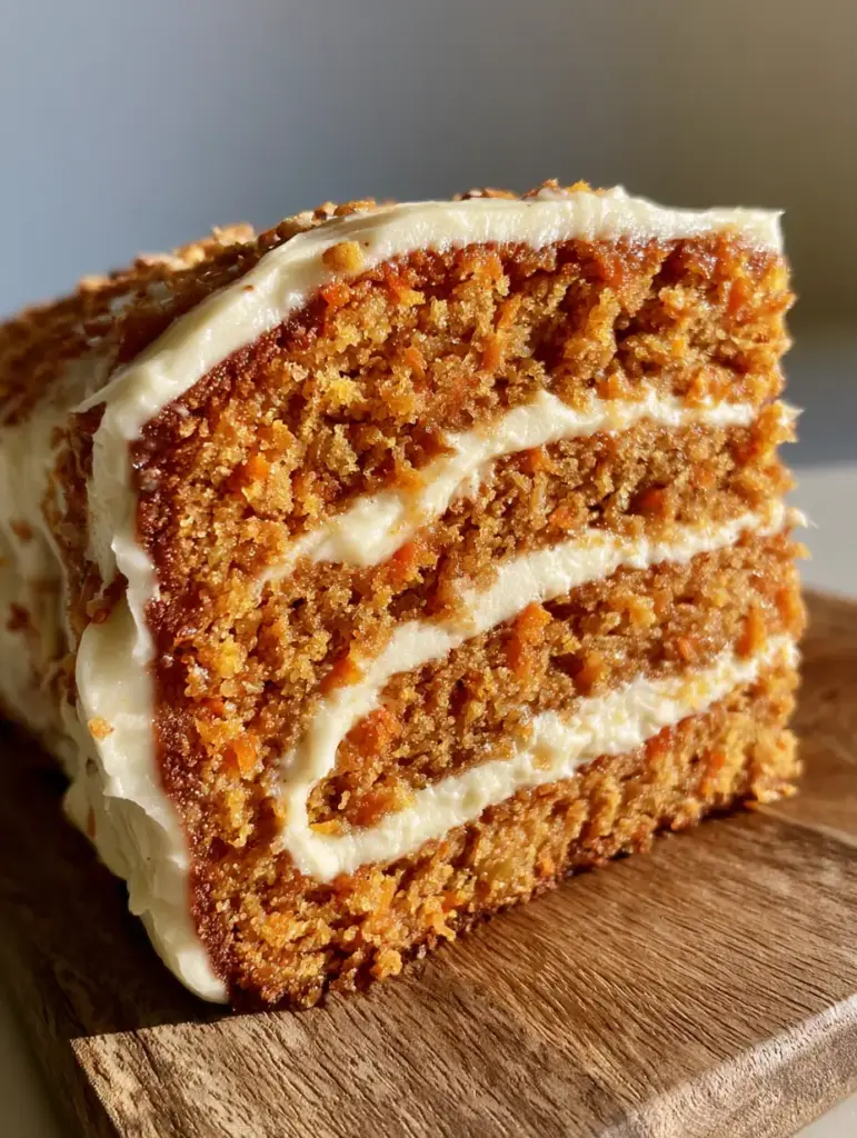 Carrot Cake Loaf with a Decadent Cream Cheese Swirl 1 Top down view of a sliced carrot cake loaf resting on a rustic wooden surface in warm natural light.