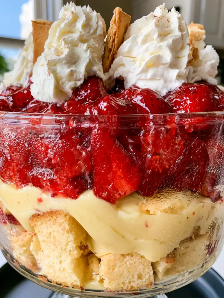 Strawberry Banana Pudding Cake: The Ultimate Layered Trifle Dessert 1 Top view of high peaks of fluffy white whipped cream and vanilla wafers on a strawberry banana pudding cake.