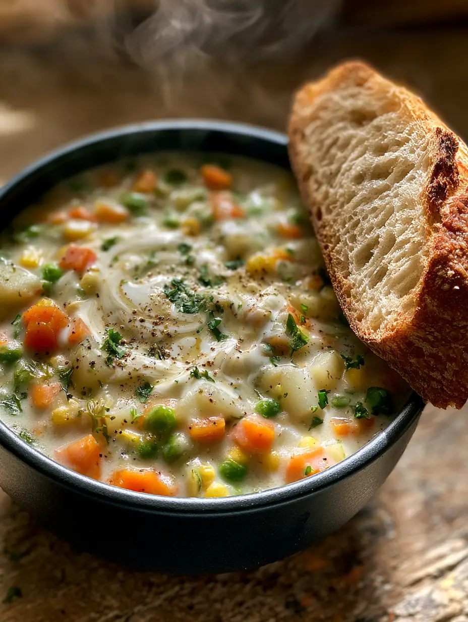 Vegetable Soup: The Ultimate Creamy Homestyle Comfort Bowl 3 Top-down view of a velvety white vegetable soup in a dark matte bowl with vibrant carrots and corn. (vegetable soup)