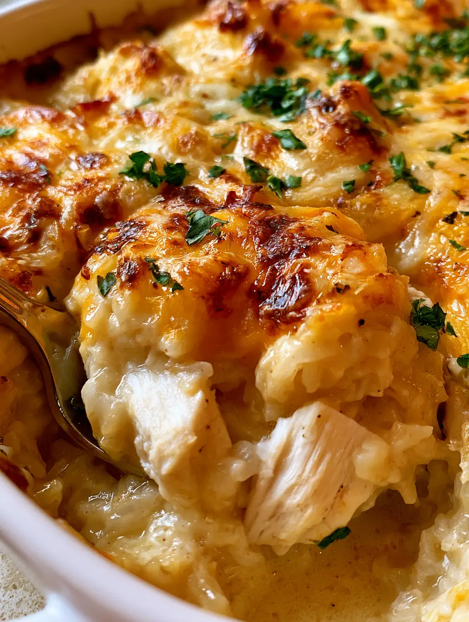 A close-up of a chicken casserole showing bubbly charred mozzarella and cheddar cheese with steam.