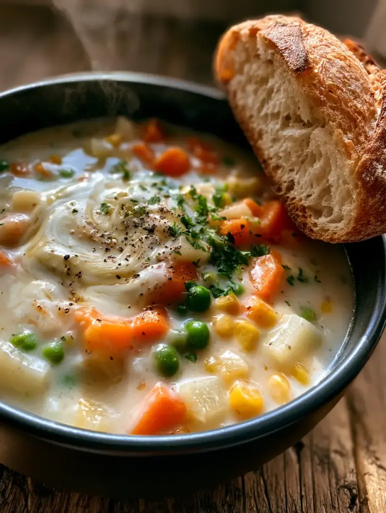 Vegetable Soup: The Ultimate Creamy Homestyle Comfort Bowl 1 Close up of a thick rustic artisan sourdough bread slice next to a bowl of vegetable soup.